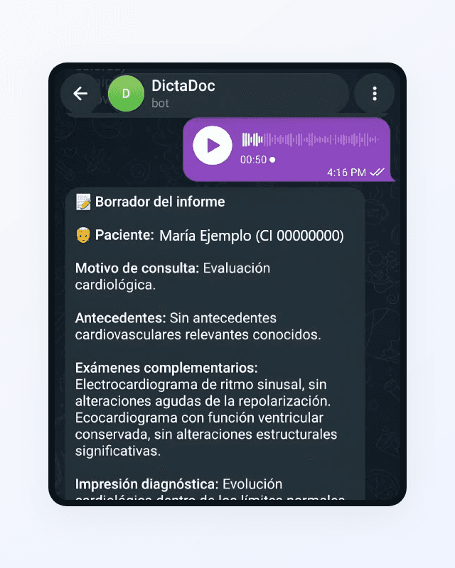 Chat de Telegram con el bot DictaDoc: una nota de voz de 50 segundos enviada por el médico y, debajo, el borrador del informe que devuelve el bot.